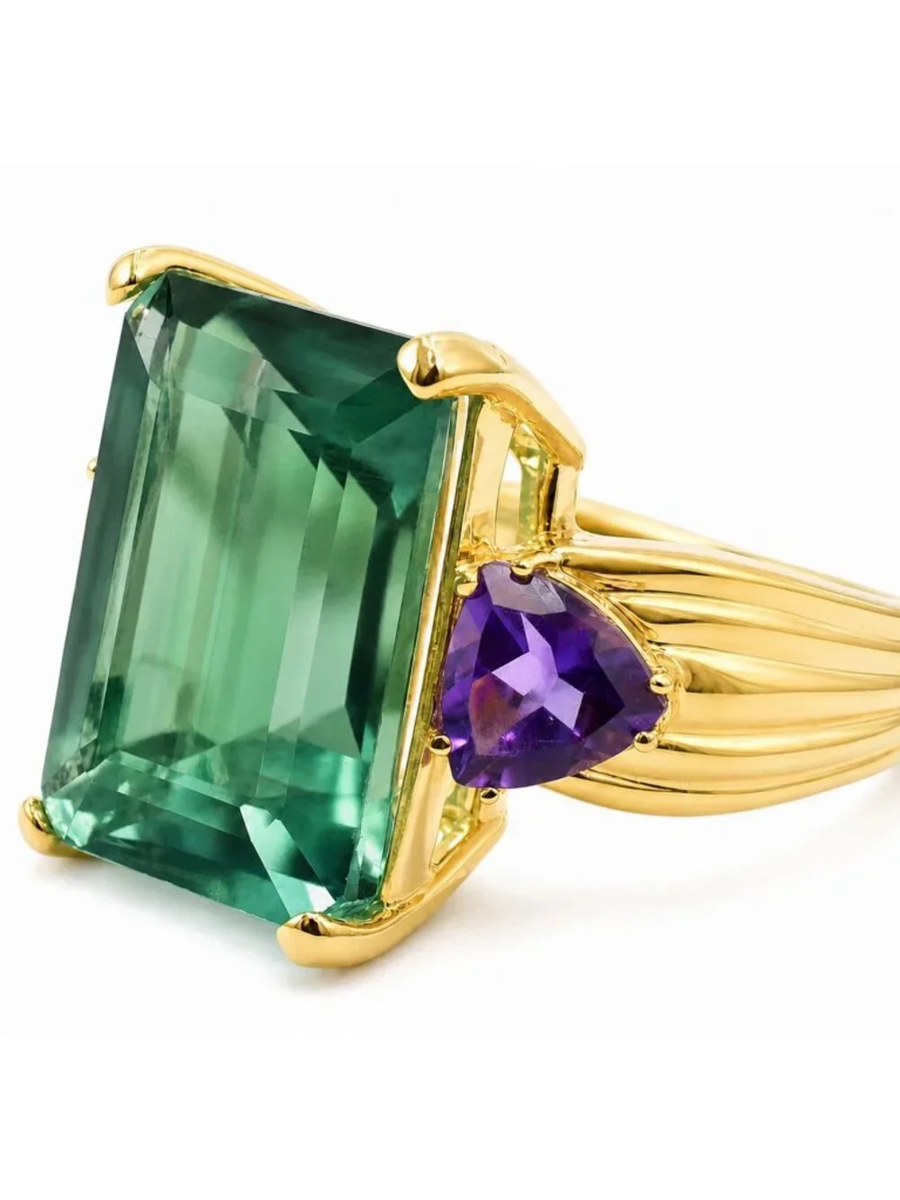 Genuine 10.05 Cts Green Fluorite & Amethyst Ring Solid 10k Gold